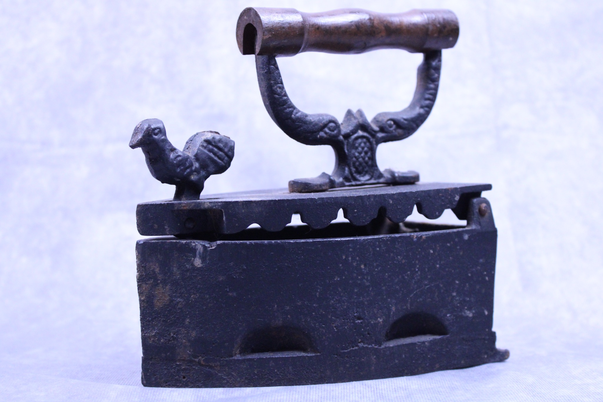 Cast Iron Charcoal Box Iron with Figural Rooster Catch